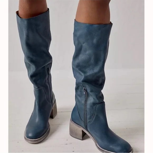 FREE PEOPLE Essential Boots 36 / 6 Washed Out Black Leather Tall Block Heel Boho - Picture 3 of 16